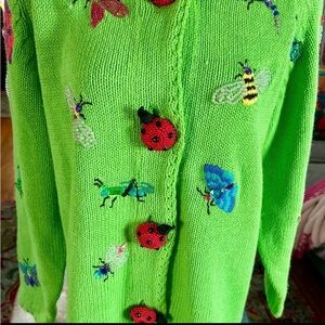RARE Michael Simon Green Sweater with Colorful Insect Beaded Embroidery OSFM